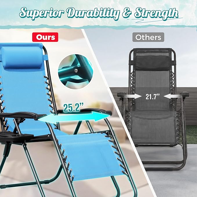 Homall Zero Gravity Chair Adjustable Folding Lawn Lounge Chairs Outdoor Lounge Gravity Chair Camp Reclining Chair with Pillows for Poolside Backyard and Beach Set of 2 (Sky Blue) Homall