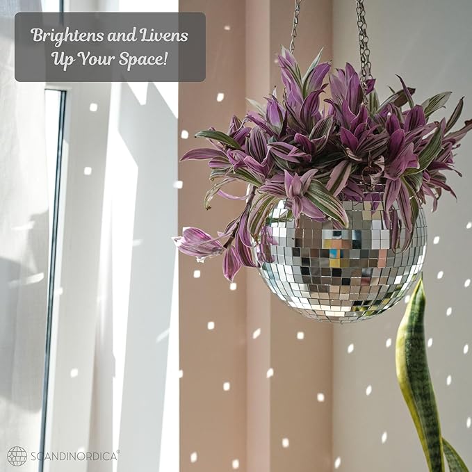 SCANDINORDICA Disco Ball Planter – Value Package: Disco Planter with Chain, Macrame Hanger and Acrylic Stand, Includes Self Watering Insert, Preppy Room Decor, Funky Decor | 8 inch Silver SCANDINORDICA