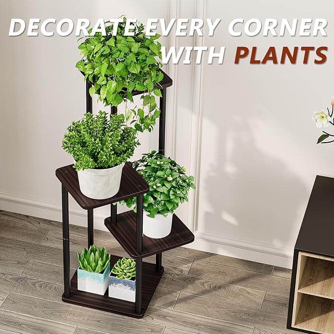 AZERPIAN Plant Stand 4 Tier Indoor Metal Flower Shelf for Multiple Plants Corner Tall Flower Holders for Patio Garden Living Room Balcony Bedroom, Black oak AZERPIAN