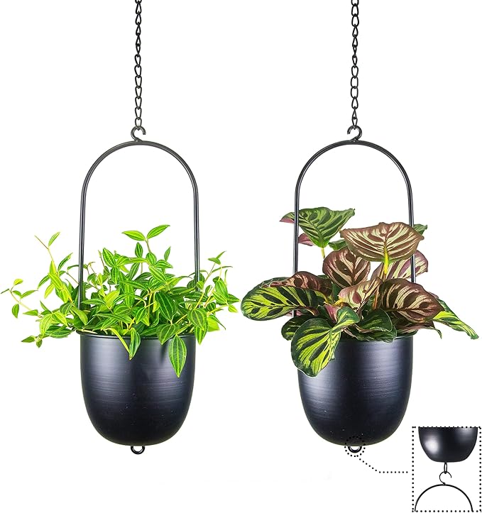 Stackable Metal Hanging Planters, Set of 2 Black Oval Plant Hangers with 6 inch Flower Pots, Modern Wall and Ceiling Plant Holders for Indoor Outdoor Plants Home Décor HemePaha