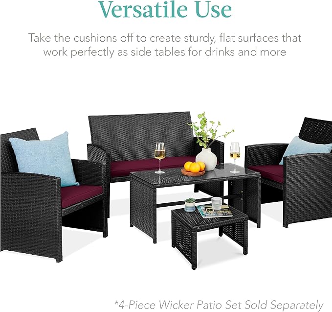 Best Choice Products Set of 2 Wicker Ottomans, Multipurpose Outdoor Furniture for Patio, Backyard, Additional Seating, Footrest, Side Table w/Removable Cushions, Steel Frame - Deep Burgundy/Black BestChoiceProducts