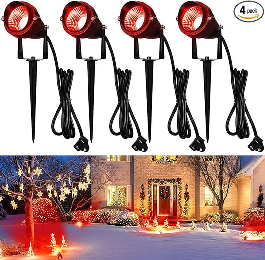 4 Pcs Christmas Red Spotlight Outdoor Plug in Landscape Lighting 12w Ip66 Waterproof LED Lights with Spiked Stand 270° Adjustable Outdoor Spot Lights for Yard Lawn Garden Tree Flags Holiday Rossesay