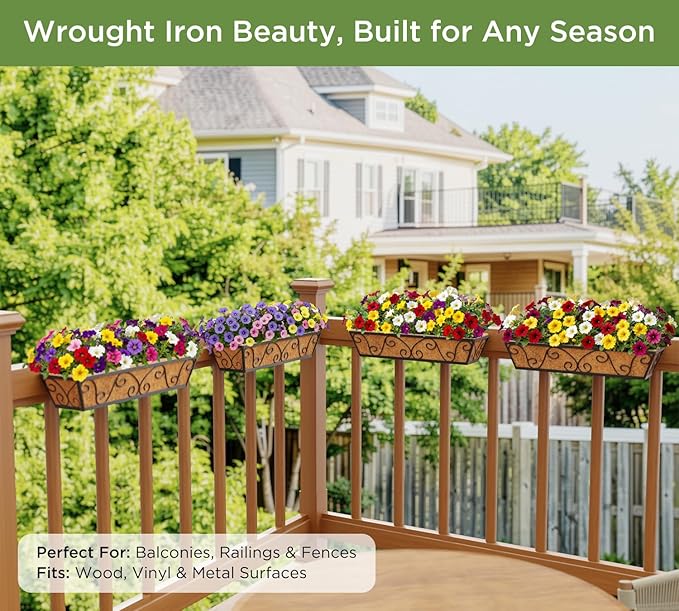 4pcs 24 Inch Window Deck with Coco Liner, 24" Window Boxes Horse Trough with Coconut Coir Liner, Metal Hanging Flower Planter Window Basket Deck Railing Planter Boxes for Outdoor Indoor Lawn LAWYAMAI