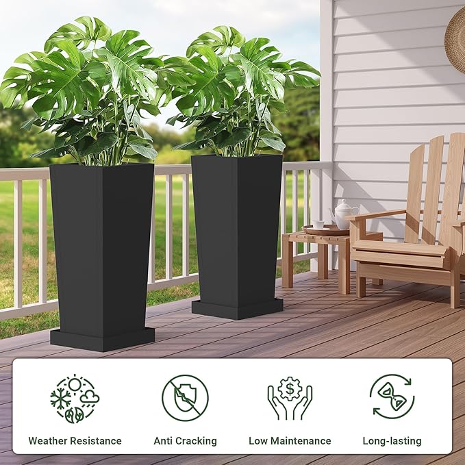 Tall Planters 30" H - 2 Pack, Tapered Pots with Drainage Insert Shelve & Trays, Metal Outdoor Planter Box for Porch, Garden, Patio, Yard (Black) Toriexon