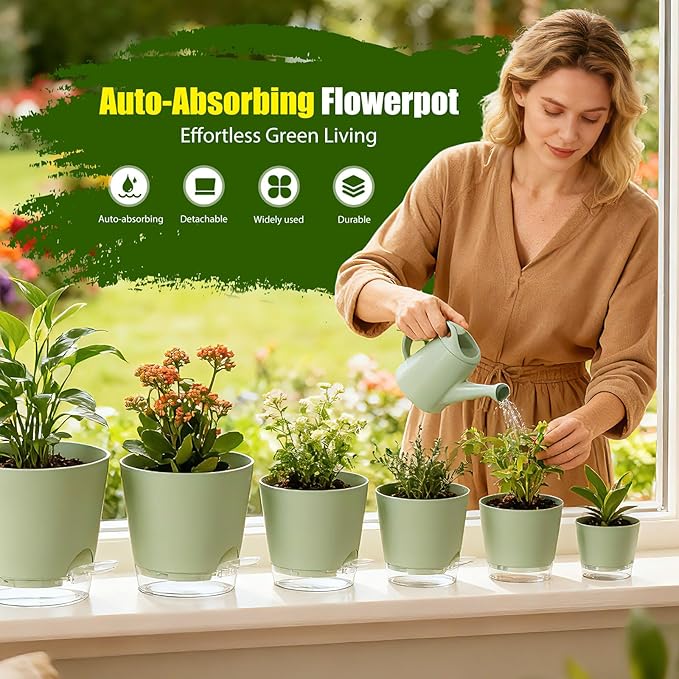 Plant Pots 4/5/5.5/6/6.5/7 Inch Self Watering Pots, 6 Pack Plastic Planters with Drainage Holes and Clear Saucers,Plastic Flower Pots,Nursery Planting Pot for Indoor Out Door Plants (Green) SQKH