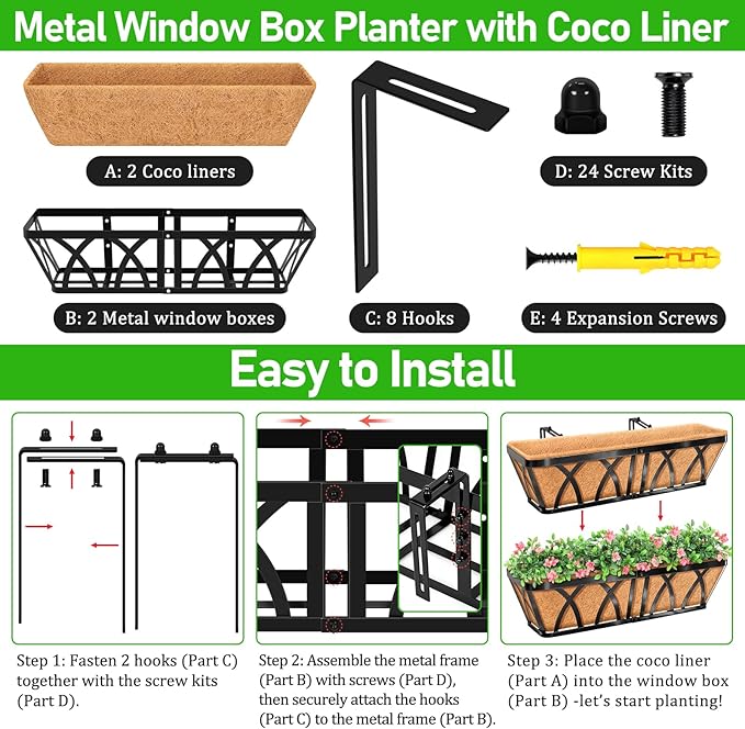 Riare 2 Pack 24 Inch Metal Railing Planter Window Box with Coco Liner- Adjustable Window Flower Boxes for Railings, Hanging Rail Planters for Deck, Balcony, Porch, Fence, Indoor Outdoor Plants Riare