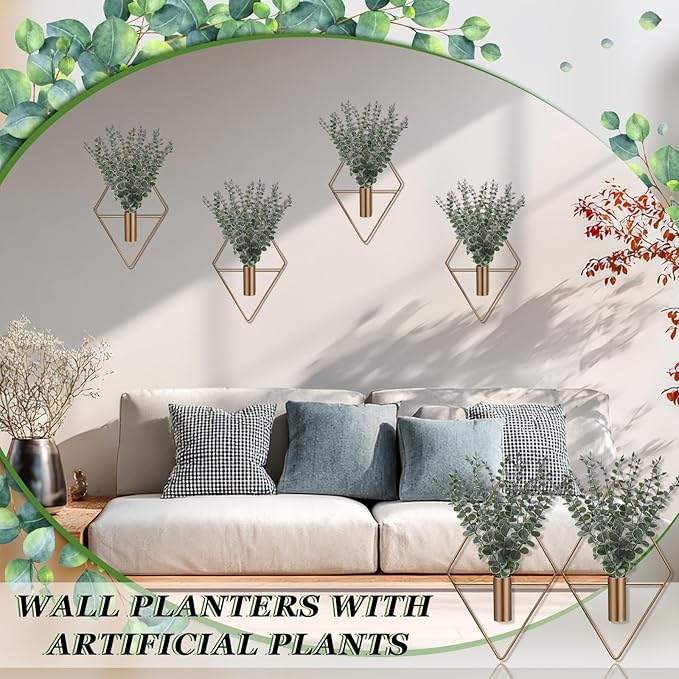 Jexine 8 Pcs Hanging Planters with Artificial Eucalyptus Metal Hanging Vase Indoor Plants Holder Modern Geometric Boho Bathroom Wall Decor for Living Room Home Office (Eucalyptus,Bronze) Jexine