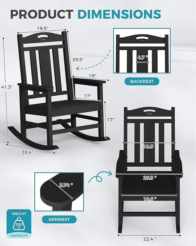 Ciokea Oversized Outdoor Rocking Chair, 380lbs Heavy-Duty Large Patio Rocker, Weather Resistant & Anti-Fade Porch Chair, High Back Cozy Rocking Chair for Outside, Fire Pit, Deck, Garden, Black CIOKEA