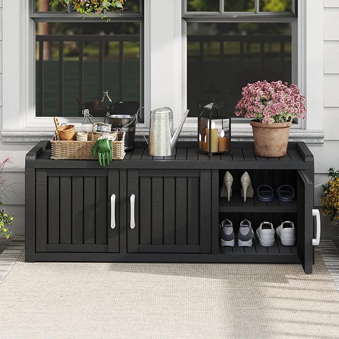 2-Tier Storage Bench, Waterproof UV-Resistant Outdoor Shoe Storage Cabinet with 3 Doors & Adjustable Shelves for Indoor Outdoor Entryway, Hallway, Living Room (Black) NBYSGO