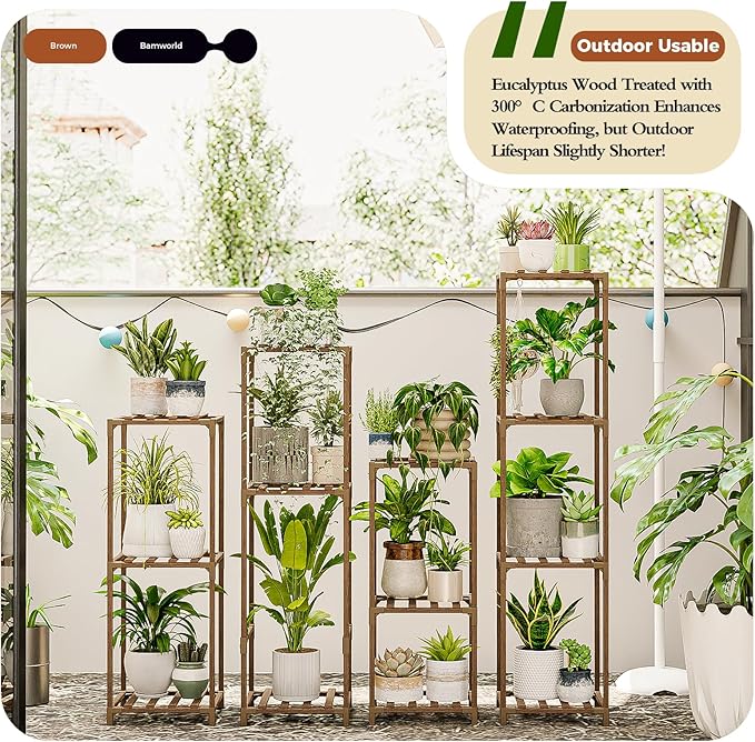 Bamworld 4 Sets Tall Plant Stands Indoor Outdoor Combo Plant Shelves Wooden Plant Holder Rack for Multiple Plants Flower Stands for Living Room Balcony Garden Patio Lawn Window Bamworld