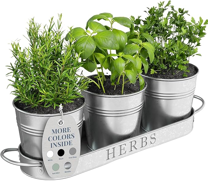 Barnyard Designs Indoor Herb Garden Planter Set with Tray, Metal Windowsill Plant Pots with Drainage for Outdoor or Indoor Plants, Set/3 (Galvanized) BarnyardDesigns