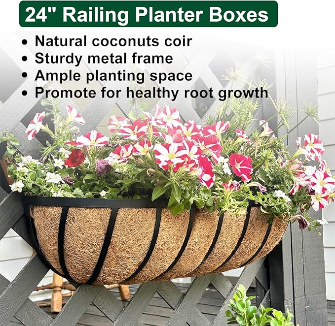 DUNCHATY Railing Planter Window Box - 4 Pack 24" Horse Trough Planter with Coco Fiber Liner - Deck Balcony Rail Planter for Porch Fence Patio Outdoor DUNCHATY