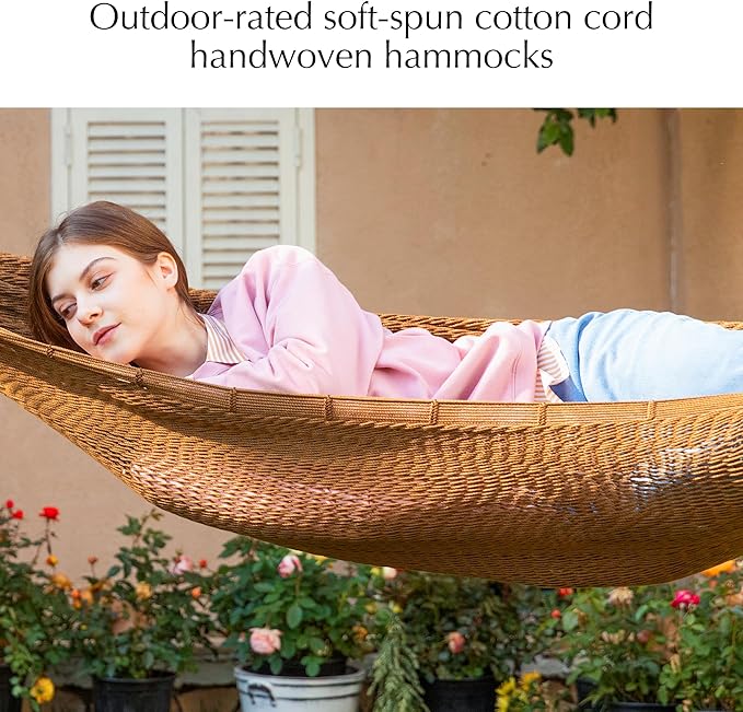 PNAEUT Handwoven Mayan Hammock, Thick Soft Rope Double Hammock for Outdoor Outside & Indoor, 600 lbs Capacity Heavy-Duty, Includes Tree Straps, Carabiners & Carrying Bag (Desert, X-Large) PNAEUT
