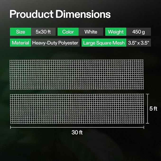 VIVOSUN 5 x 30 ft. Plant Trellis Netting, Heavy-Duty Polyester Grow Net, Garden Trellis Netting with Square Mesh for Climbing Plants, Vegetables, Fruits, and Flowers, 2-Pack VIVOSUN