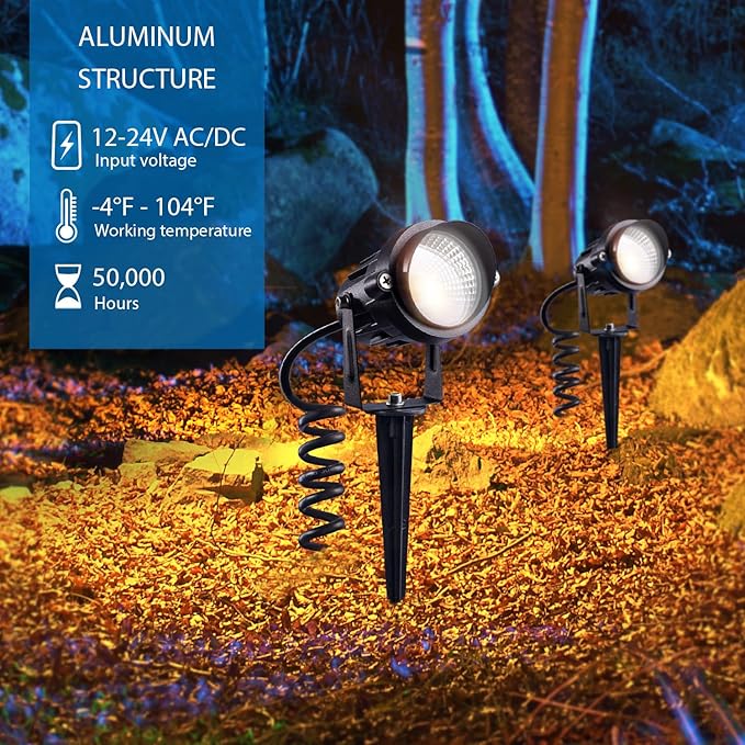 SUNVIE 12W LED Landscape Lighting Low Voltage (AC/DC 12V) Waterproof Garden Pathway Lights Super Warm White (900LM) Walls Trees Flags Outdoor Spotlights with Spike Stand (4 Pack) SUNVIE