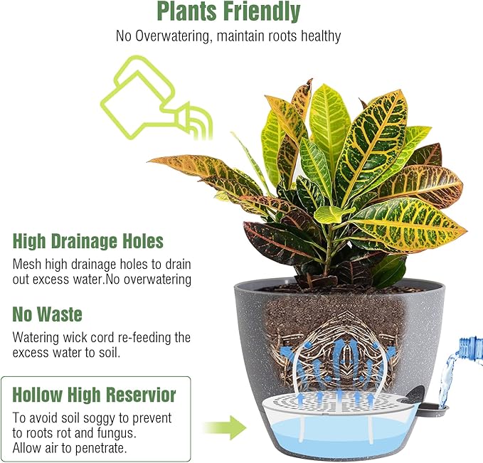 10/9/8 inch Self Watering Pots, Set of 3 Plastic Planters with Mesh Drainage Holes and Deep Reservoir for Indoor Outdoor Garden Plants and Flowers, Grey Speckles UOUZ