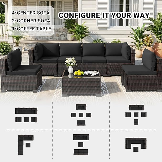 LEVELEVE 7 Pieces Outdoor Patio Furniture Sets,Rattan Conversation Sectional Set,Manual Weaving Wicker Patio Sofa with Tea Table(Black 7pcs) Enjoyyourlife
