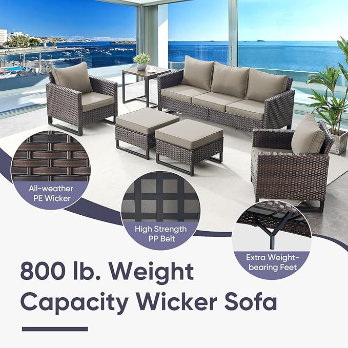 Belord Patio Furniture Set with Fire Pit Table: 9 Pieces Wicker Oversize Patio Conversation Set with Outdoor Swivel Glider Rocker Rattan Couch Ottomans, Anti-Rust Frame, Removable Cushion Grey Belord