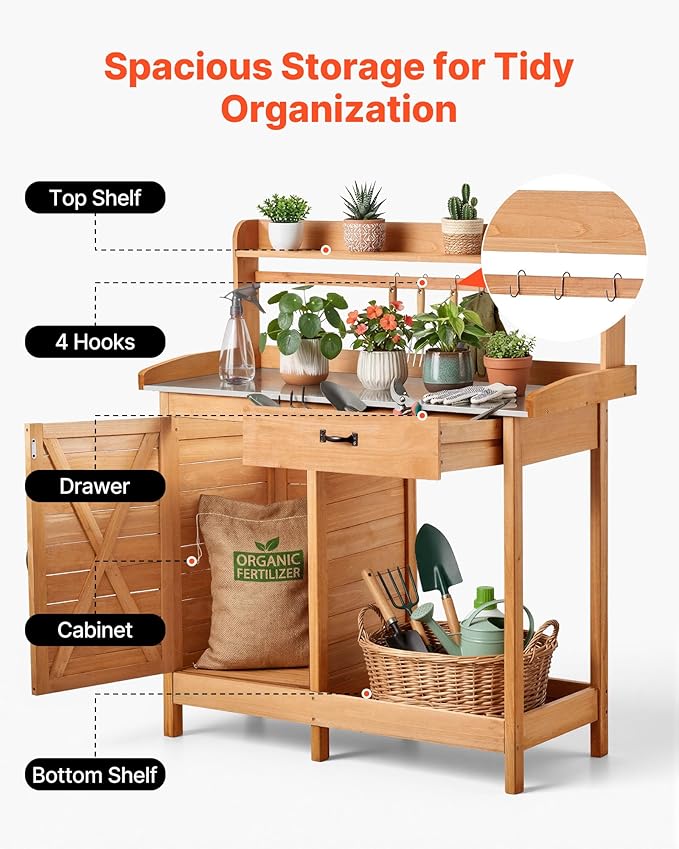 VEVOR Potting Bench Table, 3-in-1 Outdoor Gardening Wooden Workstation with 44 x 19 in Galvanized Iron Tabletop, Garden Work Station with Drawer, Storage Cabinet & Shelves, Hooks for Patio, Backyard VEVOR