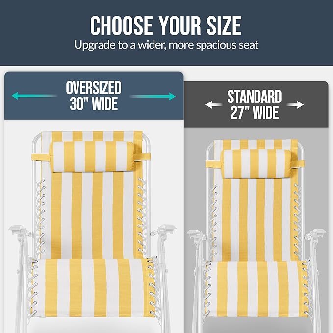 Best Choice Products Set of 2 Extra Wide Adjustable Steel Mesh Zero Gravity Lounge Chair Recliners w/Pillows and Cup Holder Trays - Marigold Stripes/White BestChoiceProducts