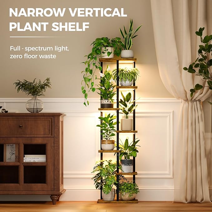 Bamworld Plant Stand with Grow Light for Indoor Plants Corner 7 Tier Metal Plant Shelf Wood Flower Stand for Home Living Room Decor Patio Decor Bamworld