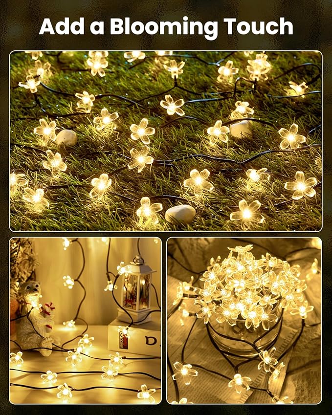 Brightown 2 Pack Total 52FT 120 LED Solar String Lights Flower Outdoor Waterproof Fairy Lights for Garden Yard Fence Patio Christmas Tree Wedding Party Decor, Warm White Brightown