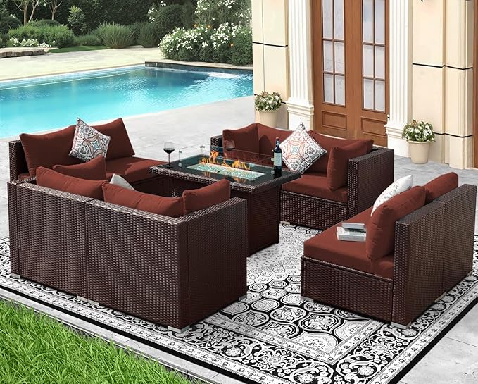 NICESOUL Modern 9 Pcs Patio Sectional Sofa Set with Fire Pit Natural Gas/Propane, Extra Large Outdoor Furniture Sets, 29.3'' High Back Deep Seats Conversations 8 Seater, Brown Rattan and Red Cushion NICESOUL