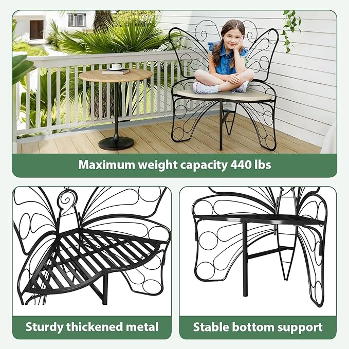 Butterfly Shaped Outdoor Bench, Black Garden Bench for Outdoor with Sturdy Stable Metal Frame, Butterfly Chair Butterfly Bench Outdoor for Garden, Yard, Balcony, Lawn (Black) HAVENLYYOUTH