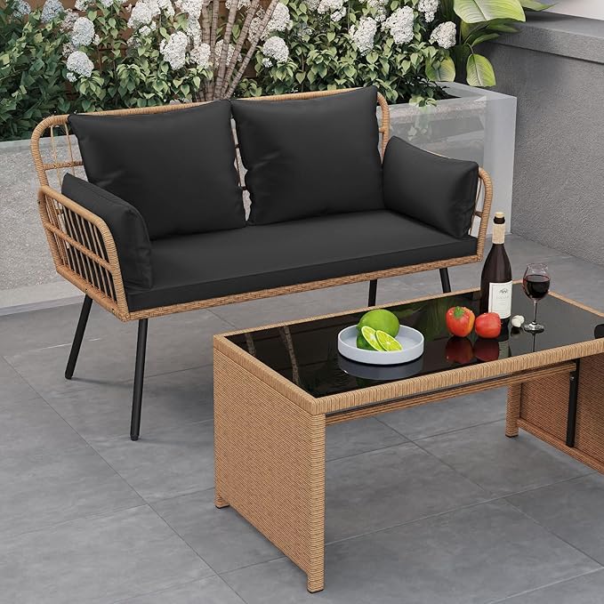 Tangkula Patio Wicker Loveseat, Outdoor Rattan 2-Seat Cushioned Sofa with Heavy Duty Metal Frame, for Backyard,Porch,Poolside (Black) TANGKULA