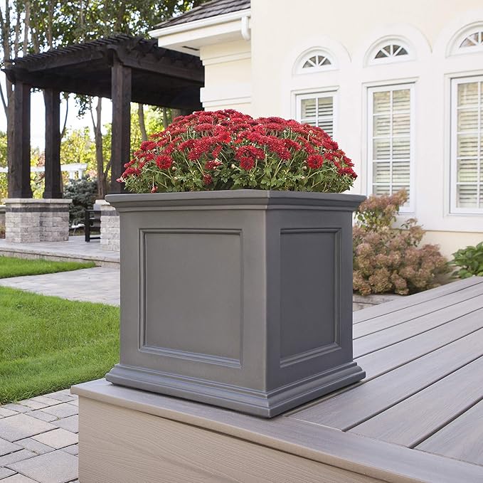 Mayne Fairfield 20-Inch Square Planter – Self-Watering, Weather-Resistant Planter for Flowers – Durable Outdoor Design for Patio, Porch, or Entryway, Graphite Grey Mayne