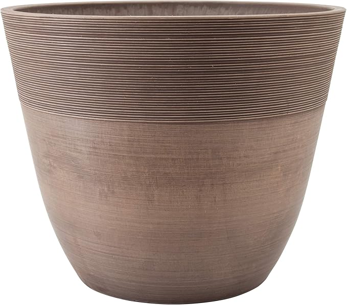 PSW Pot Collection FM35TP 14-inch Plastic/Stone/Wood Composite Large Ribbed Planter – No Drainage Hole (Drillable), Indoor/Outer Garden Pot for Foliage, Trees, Flowers, Ferns, Taupe PSW