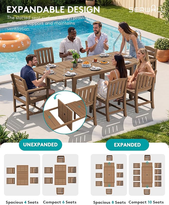 SERWALL 7-Piece Outdoor Dining Set, 60" - 83" Expandable Outdoor Dining Table and 6 HDPE Chairs, All Weather HDPE Outdoor Furniture Set for Backyard, Garden, Brown SERWALL