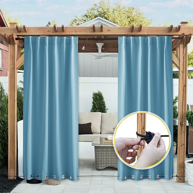NICETOWN 2 Panels Weighted Blackout Outdoor Curtains for Patio Waterproof, Grommet & Back Tab on top and Bottom Windproof Privacy Thermal Drapes for Cabana with Fixed Rope, W52 x L95, Teal Blue NICETOWN