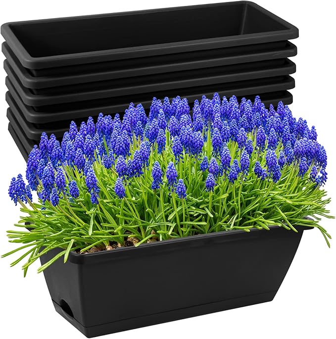 8pcs Window Box Planter,17 Inches Flower Window Boxes,Rectangle Planters Box with Drainage Holes and Trays, Plastic Vegetable Planters for Windowsill Patio Garden Home Decor Porch Yard (Black) Hananojia