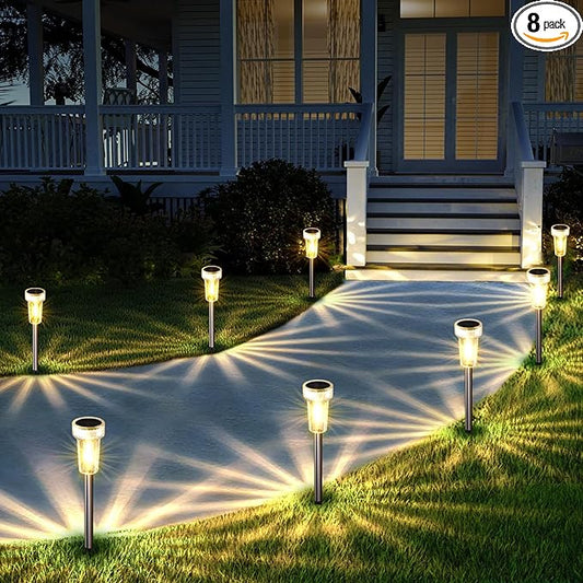 Mancra Solar Lights Outdoor Waterproof, 8 Pack Stainless Steel Tungsten Bulb Solar Pathway Lights Waterproof Garden Decor for Path Yard Lawn Walkway Driveway Mancra