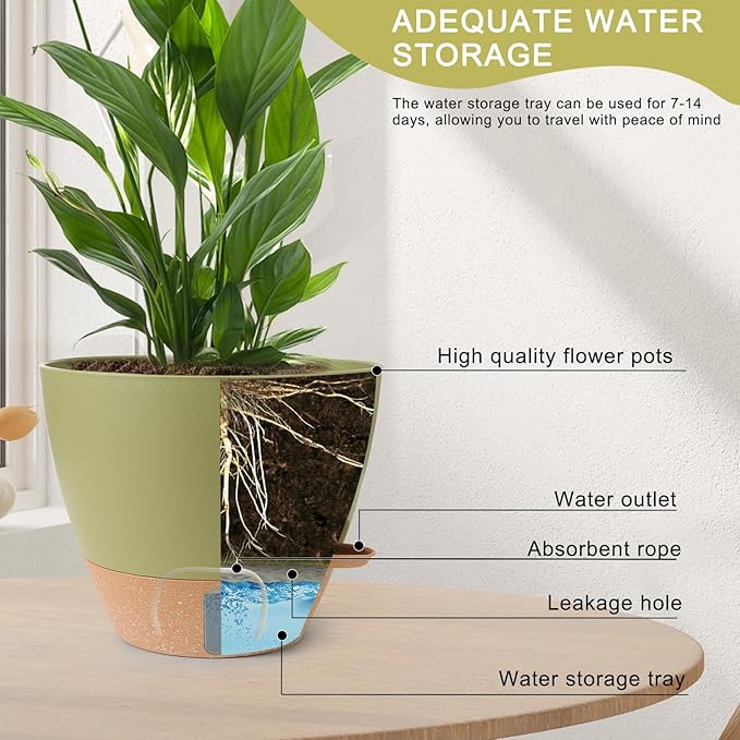 Plant Pots,12/10/9/8/ Inch Large Plastic Self Watering Flower Pots Indoor Outdoor with Drainage Holes, Deep Reservoir,Nursery Planting Pot for Indoor Out Door Plants Rootora