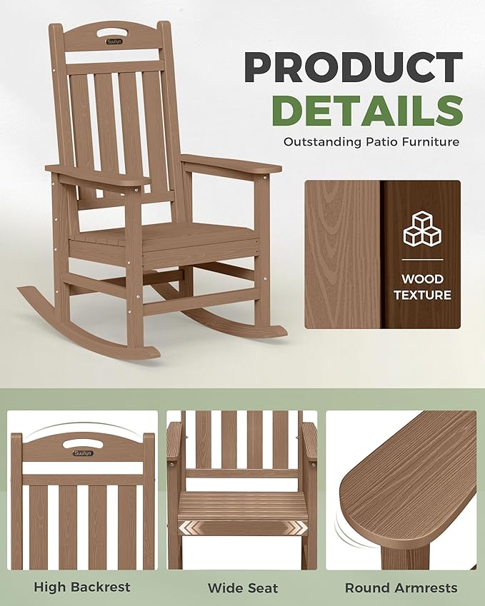 Oversized Rocking Chairs Outdoor Set of 2, High Back Porch Rocking Chair, HDPE All Weather Resistant Patio Chairs, 380lbs Weight Capacity, Teak Suunyn