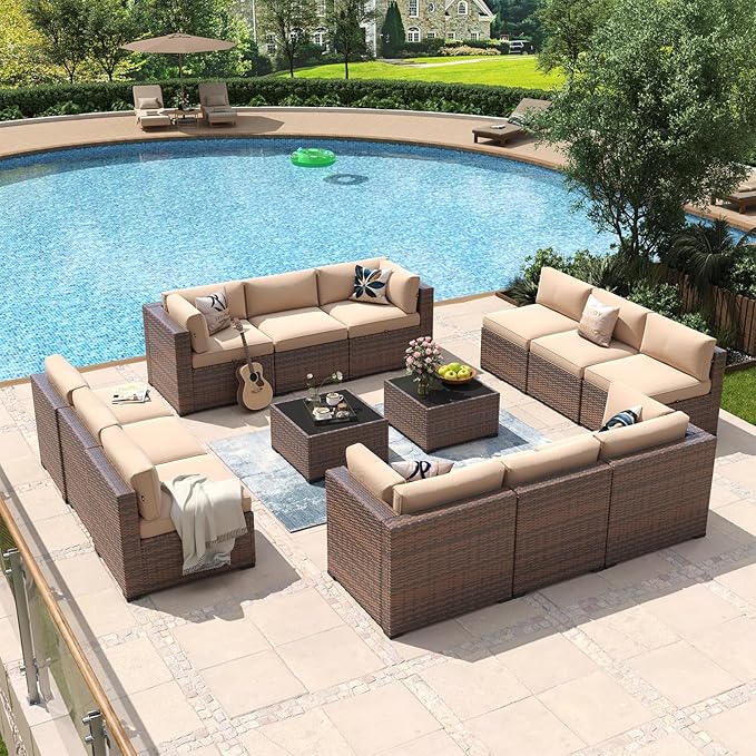 Aoxun 14 Piece Patio Furniture Set Wicker Rattan Patio Conversation Set Outdoor Sectional Sofa Set with Coffee Table and Thickened Cushions, Beige(Waterproof Cover Included) Aoxun