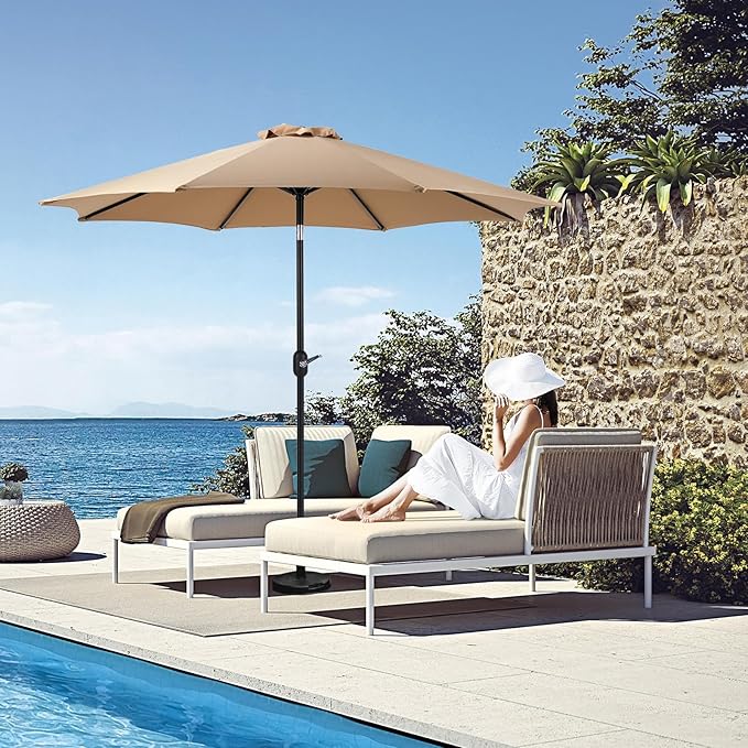 OLIXIS 9ft Patio Umbrella with Tilt and Crank Button & 8 Sturdy Ribs Waterproof, Patio Table Umbrella Perfect for Poolside, Terrace, Beach and Outdoor Restaurant, Khaki OLIXIS