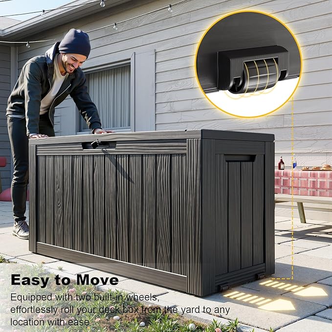 ROJIK Outdoor Storage Housing Deck Box - Waterproof Patio Furniture, Garden Tools, Cushions, Pool Accessories Storage Bench with Lockable Lid and Side Handles (Black 78 Gal) ROJIK