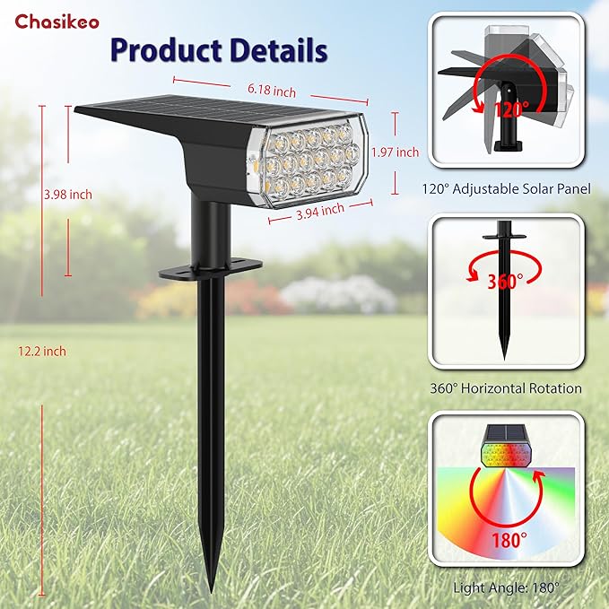Solar Lights Outdoor Waterproof, 3 Lighting Modes Solar Spot Lights Outdoor, LED Solar Spotlights, Ultra Bright Dusk-to-Dawn Uplights for Garden, Landscape, Yard, Pathway, IP65, Auto On/Off Chasikeo