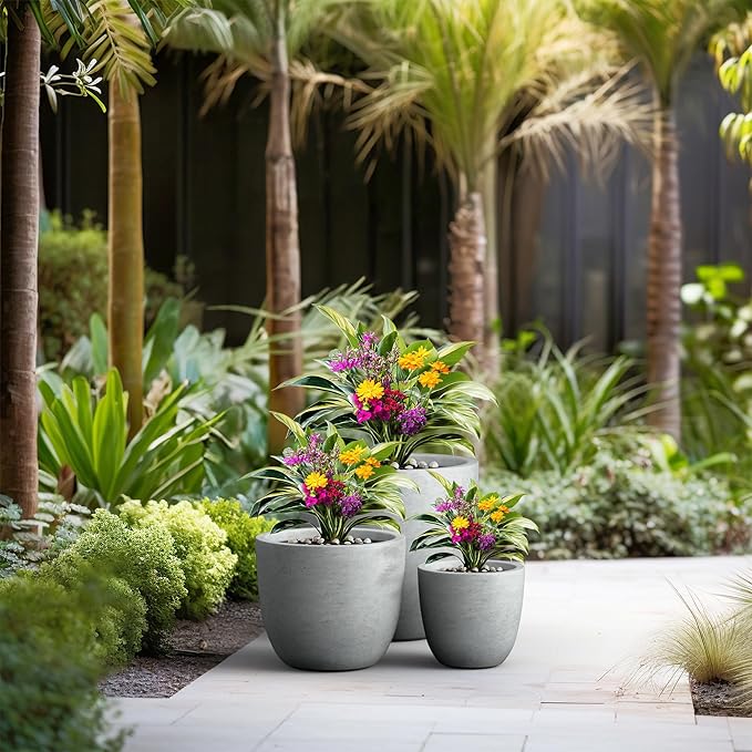 Kante 18",14",10" Dia Concrete Round Planters (Set of 3), Outdoor Indoor Large Planter Pots with Drainage Hole and Rubber Plug for Home Patio Garden, Natural Concrete Kante