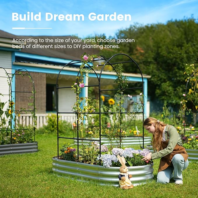KING BIRD Raised Garden Bed with Arched Trellis Galvanized Planter Garden Box Outdoor for Gardening, Climbing Vegetables, Flowers 5.9x2.95x0.98 Ft 2PCS, Silver KINGBIRD