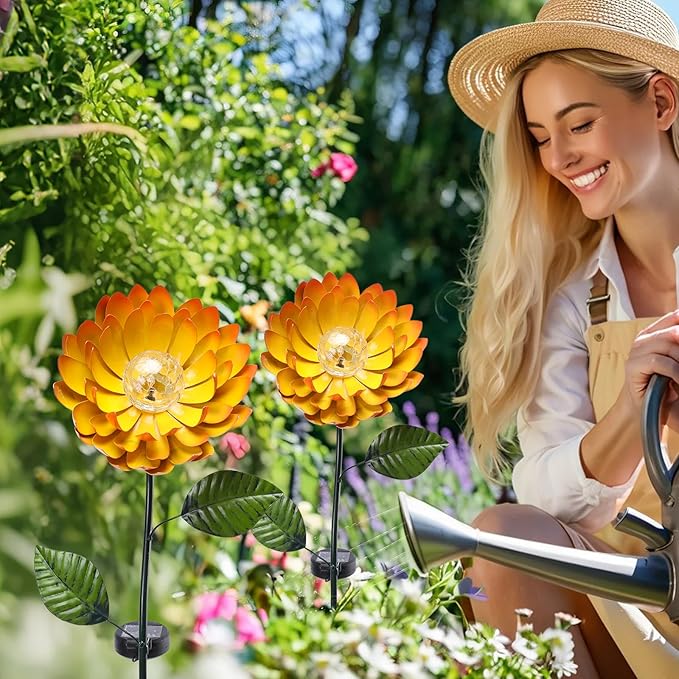 VCUTEKA Solar Garden Lights Metal Flower Decor Colorful Yellow Flowers Solar Pathway Light with LED Cracked Crystal Ball Outdoor Decorative Stake for Patio Yard Lawn VCUTEKA