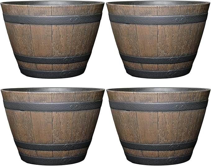 Classic Home and Garden Whiskey Plastic Resin Flower Pot Barrel Planter, Walnut Brown, 20.5" (Pack of 4) ClassicHomeandGarden