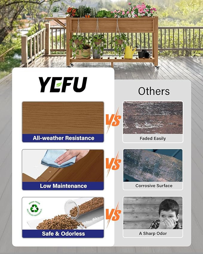 YEFU Raised Garden Bed with Legs: 57x18x30in Elevated Poly Planter with Wheels,Waterproof Mobile Raised Bed Garden, Elevated Planter Box Stand with Storage Shelf,for Herb,Carrot,Tomato (Teak,2pcs) YEFU