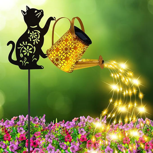 Solar Lights Outdoor Decorative, Watering Can with Cascading Lights, with Cat Silhouette Garden Stakes, Gifts for Mom Women, Waterproof Metal Garden Decor for Yard Art, Outside, Patio, Lawn Ornaments OSTRITEC