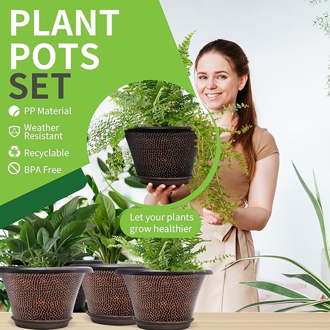Quarut 12 Inch Pots for Plants,4 Pack Large Flower Pots with Drainage Hole & Saucer,Modern Planters for Indoor Outdoor Plants,Decorative Resin Garden Pots Brown Quarut