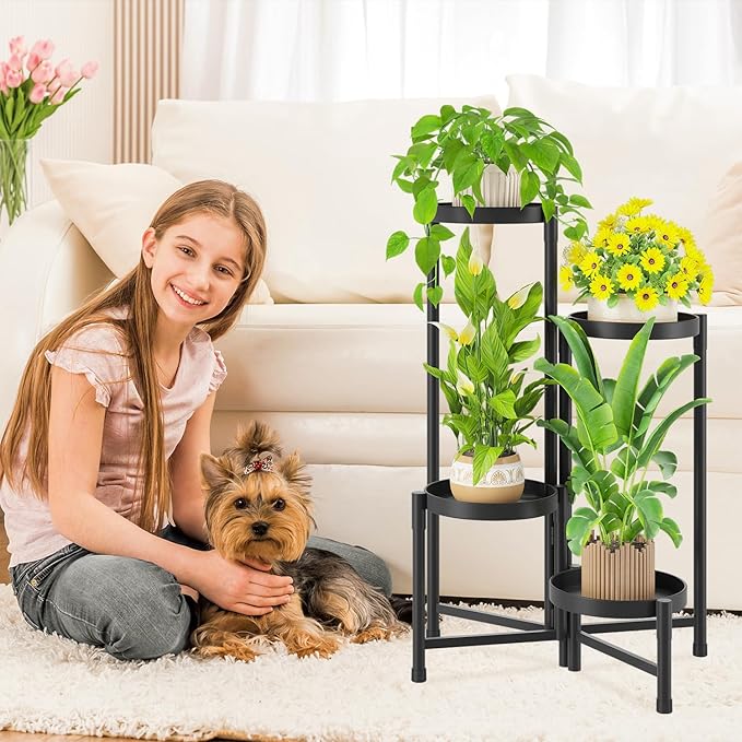 iDavosic.ly Plant Stand Indoor Outdoor, 4 Tier Corner Metal Flower Display Holder Shelf, Easy Assembly Folding Tall Orchid Rack for Patio Balcony Porch Garden Living Room House, Black iDavosicly