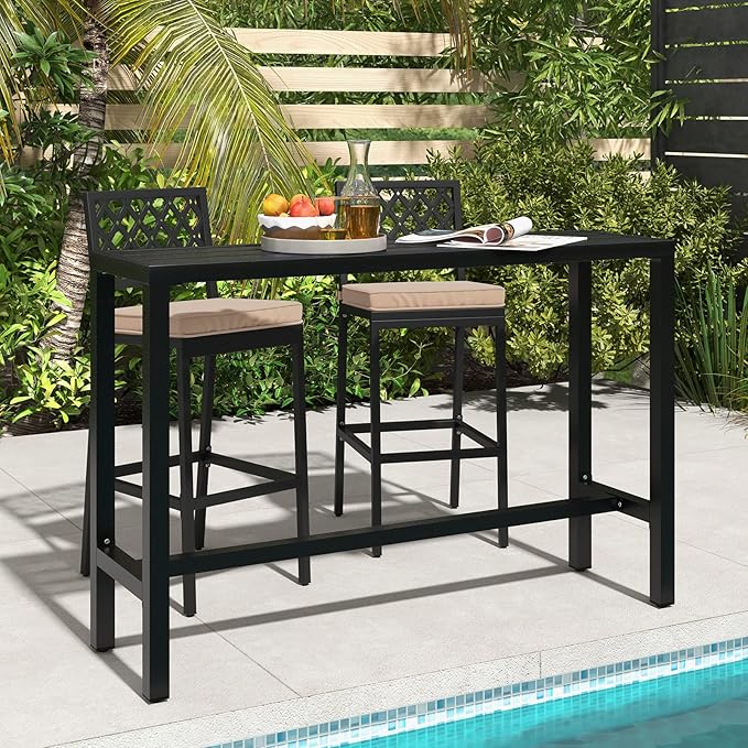 COSTWAY 3 Piece Outdoor Bar Table and Chairs Set, 55" Pub Height Bar Table & 2 Cushioned Bar Stools with Rhombus Backrest, Metal Patio Bar Table Set for Balcony, Backyard, Porch, Pool COSTWAY